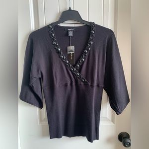 Style Co. Womans Pullover Knit Top, V-Neck, Short Sleeves, Beaded, Black, XL